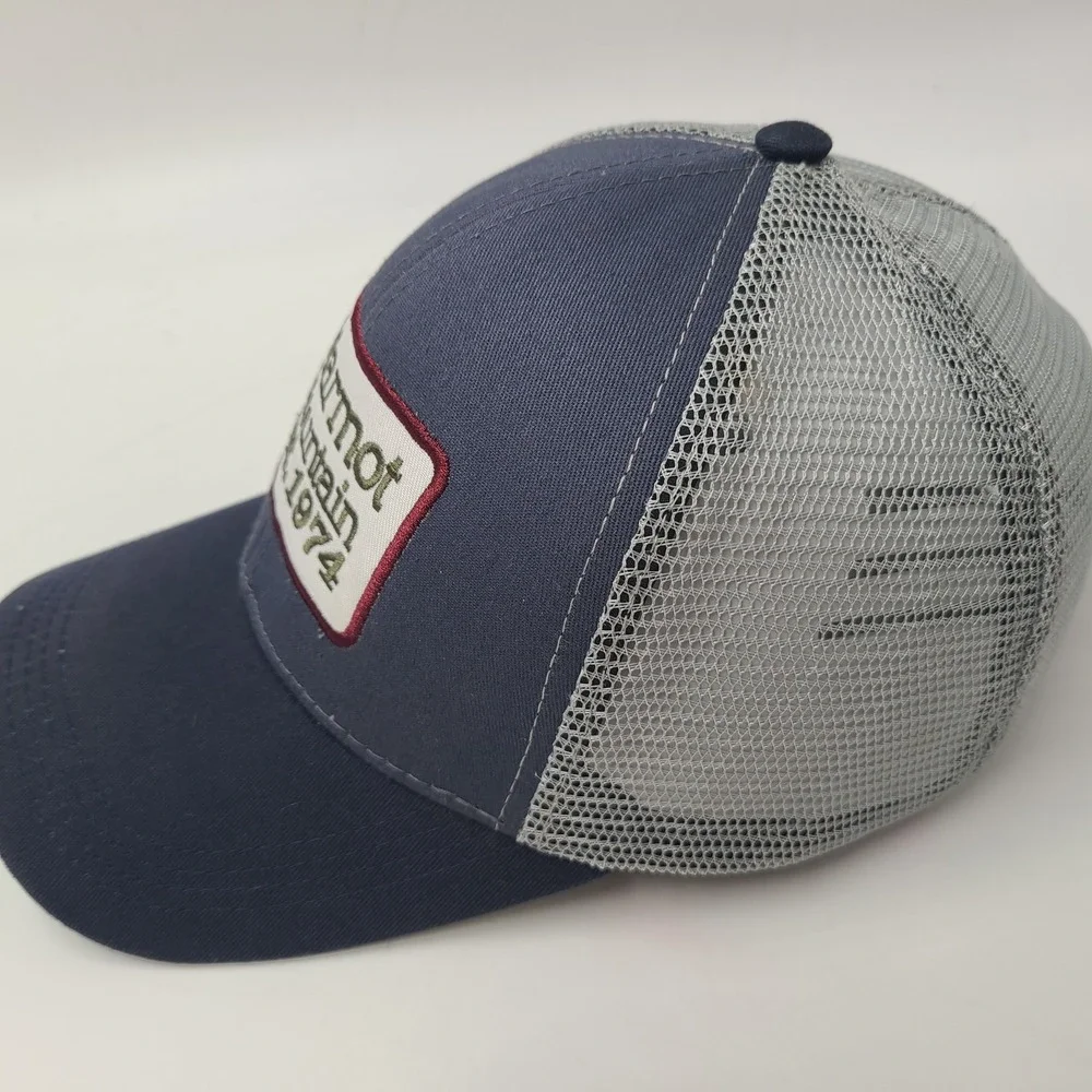 Marmot Moutain Hat Snapback Trucker Mesh Blue Gray Est 1974 Patch Hiking Men